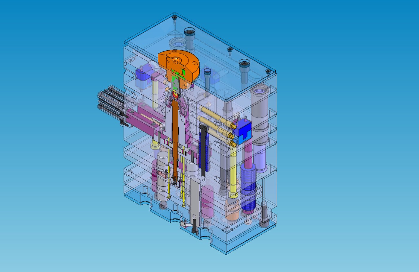 Isometric CAD cutaway rendering of a full injection mold assembly with hot runner system